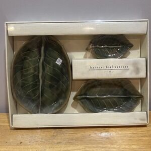 3 Pier 1 Green Harvest Leaf Shaped Stoneware Dining Serving Platters Plates Palm